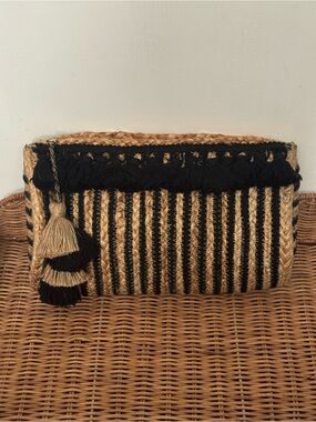Woven Straw Clutch with Black Trim and Tassel